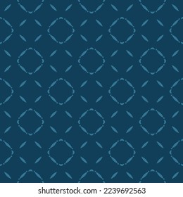 Subtle abstract floral seamless pattern. Vector background in deep blue color. Simple geometric leaf ornament. Delicate luxury graphic texture with flower shapes, diamond grid. Elegant repeat design