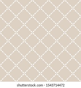 Subtle Abstract Geometric Grid Seamless Pattern. Elegant Vector Background In Beige And White Color. Simple Minimal Ornament With Rhombuses, Mesh, Net, Lattice. Elegant Minimalist Repeat Geo Texture
