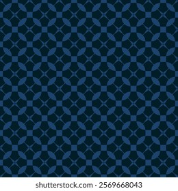 Subtle abstract geometric ornament. Simple vector seamless pattern with flower silhouettes, checkered grid, lattice, crossing lines. Elegant oriental style background. Dark blue texture. Geo design