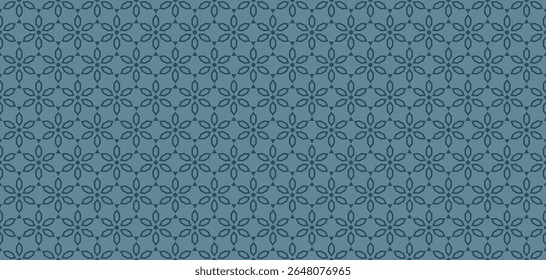 Subtle abstract seamless pattern in asian style. Vector floral geometric ornament. Minimal blue color texture with small stars, flowers, diamonds, lattice. Elegant oriental background. Repeated design