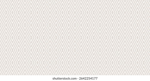 Subtle abstract vector geometric seamless pattern. Beige and white background. Simple geo texture with rhombuses, diamonds, lines, stripes. Minimal tartan ornament. Repeated design for decor, textile