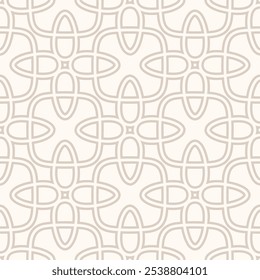 Subtile beige geometrische nahtlose Muster mit mittelalterlichen Motiven. Abstrakte Vektorornament-Textur im gotischen Stil. Eleganter Hintergrund mit Kreuzformen, floralen Silhouetten, linearem Raster. Wiederholter Entwurf