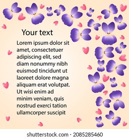 subtle beige and violet illustration of wreath with flowers of pansy and pink hearts for card, invitation and other ideas for Valentine's day