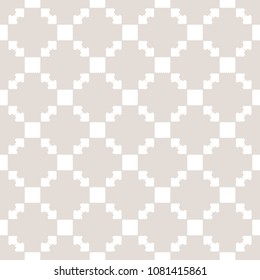 Subtle beige and white vector geometric ornament. Delicate seamless pattern with squares, jagged shapes, grid, repeat tiles. Ornamental ethnic motif. Simple abstract background. Folk texture design