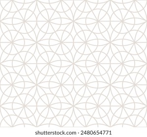 Patrón geométrico sin costuras de Vector beige y blanco sutil con siluetas florales, líneas curvas, hexágonos, triángulos, círculos, celosía, rejilla. Abstractas fondo lineal mínimo. Ornamento de estilo oriental