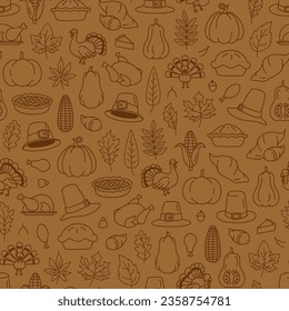 Subtle brown on brown hand drawn thanksgiving seamless pattern doodle