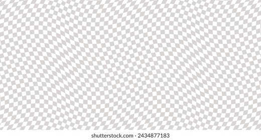 Subtle checkered seamless pattern with optical illusion effect. Simple abstract vector background. Groovy distorted texture. Op art illustration. Repeated geometric retro minimal gray and white design