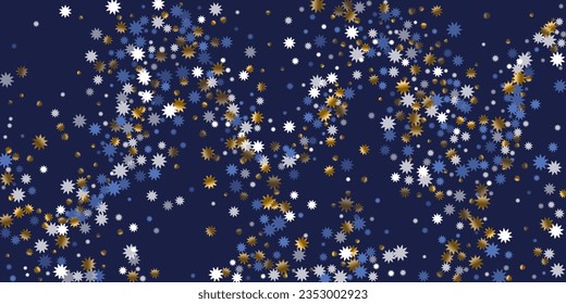 Subtle Christmas star vector ornament illustration. Gold blue white shiny confetti. Banner starburst background. Christmas star shape shimmer. Twinkling magic explosion.