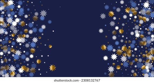 Subtle Christmas star vector pattern graphic design. Gold blue white sparkle decoration. Poster snowflake pattern. Christmas star symbol shimmer. Twinkling luxury decor.