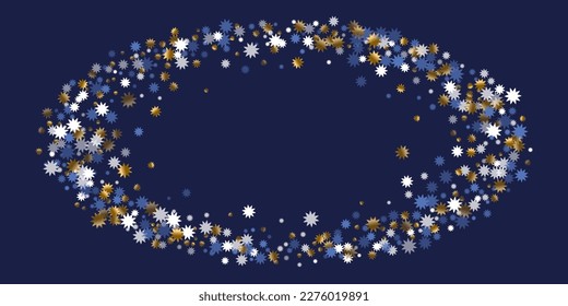 Subtle Christmas star vector scatter illustration. Gold blue white twinkle decoration. Banner stardust background. Christmas star shape particles. New Year modern wallpaper.
