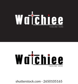 A subtle circular enclosure frames the “AT” in WATCHIEE, evoking a watch bezel while keeping other letters clean and modern, in Black and white background and logo for watch brands.