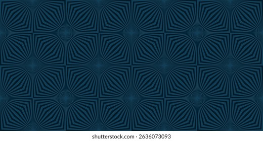 Subtle dark blue abstract geometric seamless pattern. Optical illusion effect. Vector texture with broken lines, stripes, burst, chevron, tiles. Op art background. All-over design for decor, textile