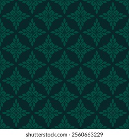 Subtle dark green floral ornament. Simple elegant seamless pattern with abstract flower silhouettes, foliage, repeat tiles. Luxury vector background in damask, oriental style. Exquisite geo design