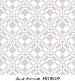 Subtle diagonal square grid vector seamless pattern. Abstract delicate geometric texture with rhombuses, cross lines, mesh, lattice, grill. Simple gray and white checkered background. Repeat design