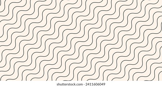 Subtle diagonal thin wavy lines seamless pattern. Black and white vector texture with curvy waves, stripes. Simple abstract minimal background. Elegant minimalist repeated ornament. Modern geo design