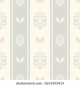 Subtle and elegant damask pattern with vertical alternating floral motifs in soft cream and gray hues. Perfect for minimalist wallpaper, interior backgrounds, or fabric prints.