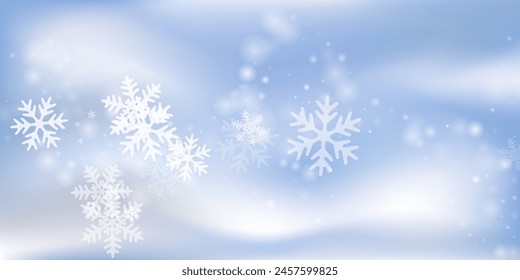 Subtiles Schneeflocken-Design. Schneefall spickt Eispartikel. Schneefall Himmel weiß blau Hintergrund. Glimmer Schneeflocken Dezember Vektorgrafik. Schneekalte Jahreszeit Landschaft.