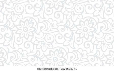 Subtle floral elegance, A seamless damask pattern with delicate blooms and flowing tendrils in a muted gray palette perfect for background designs