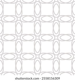 Subtle floral grid ornament. Vector abstract gray and white geometric seamless pattern with mesh, lattice, flower silhouettes, curved lines, net, repeat tiles. Simple minimal background. Geo texture
