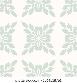 Subtle floral ornament. Simple elegant seamless pattern with abstract big flower silhouettes, foliage, repeat tiles. Vector background in oriental style. Light green and white texture. Repeated design