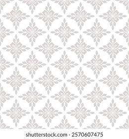 Subtle floral ornament. Simple elegant seamless pattern with abstract flower silhouettes, foliage, repeat tiles. Luxury vector background in damask, oriental style. Stylish gray and white geo design