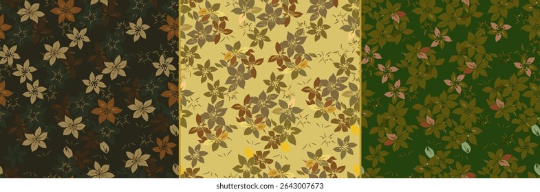 Subtle floral pattern with scattered leaves and blossoms in three earthy tones: dark brown, light brown, and forest green. Perfect for natural or rustic designs