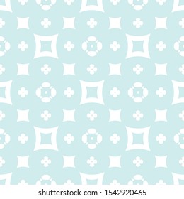 Subtle floral seamless texture. Vintage geometric pattern with small flower silhouettes, squares. Vector abstract background in light blue and white color. Elegant minimalist ornament. Subtle design