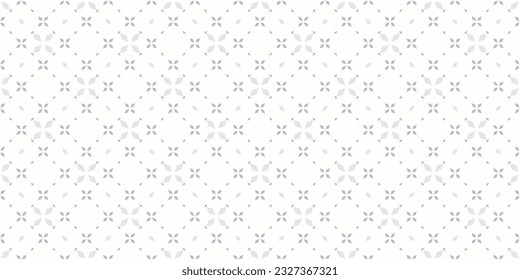 Subtle floral seamless texture. Vintage geometric pattern with small flowers, petals, leaves, rhombuses, grid. Simple minimalist vector abstract background in white and gray color. Repeat geo design