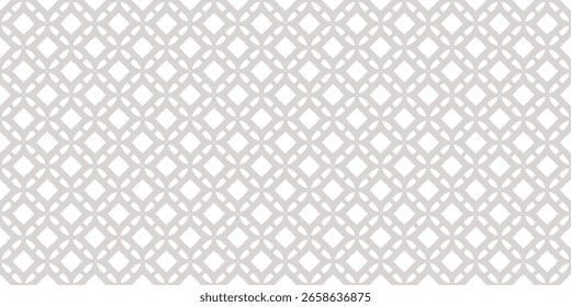 Subtle geometric grid ornament. Abstract grey and white seamless pattern with lattice, mesh, diamond shapes, small flower silhouettes. Simple minimal vector background texture. Repeating geo design