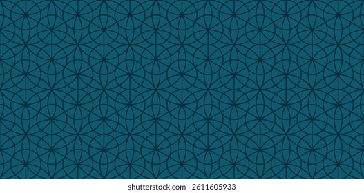 Subtle geometric seamless pattern with floral silhouettes, curved lines, hexagons, triangles, circles, lattice, grid. Abstract linear dark teal blue luxury vector background. Design in oriental style