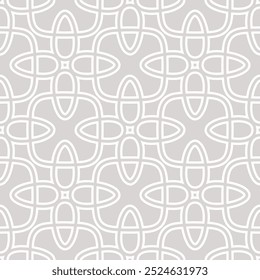 Subtle geometric seamless pattern with medieval motifs. Abstract vector ornament texture in gothic style. Light gray background with cross shapes, floral silhouettes, linear grid. Repeating design