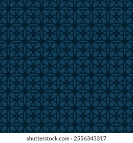 Subtle geometric seamless pattern. Simple dark blue vector floral ornament. Abstract background texture with flower silhouettes, leaves, lattice, grid, rounded shapes, tiles. Elegant repeated design