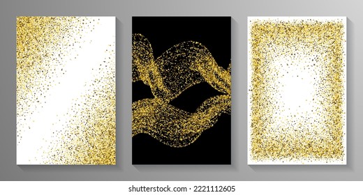 Subtile goldene Konfetti Staub streuen Textur. Dreieckskreis-Kreis-Sternchen-Rauschen. Bannervorlage. Ungedeckte Krummelemente kornieren Konfetti. Partyverzierung