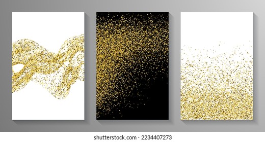 Subtle gold confetti powder scatter texture. Triangle square circle star granules vector. Banner template. Blink scruple particles grain confetti. Birthday decoration bright splatter