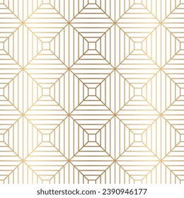 Subtle gold ornamental seamless diamond pattern with square rhombus and striped line, geometric background, vector illustration.