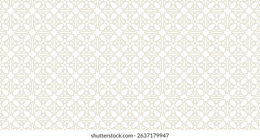 Subtle gold and white minimal seamless pattern. Golden elegant outline vector geometric floral ornament. Abstract background texture with flower silhouettes, leaves, thin lines. Repeated linear design