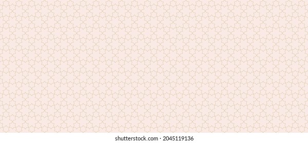 Subtle golden abstract geometric seamless pattern. Delicate vector lines texture, elegant lattice, mesh, weave, floral shapes, stars. Traditional oriental background. Modern gold ornament. Wide design