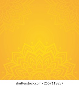 Subtle golden mandala pattern on a warm yellow square background featuring intricate floral details and symmetrical designs