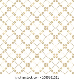 Subtle golden vector geometric pattern. Abstract seamless background with floral shapes, grid, lattice, cross lines, repeat tiles. Elegant white and gold texture. Luxury design for decor, package