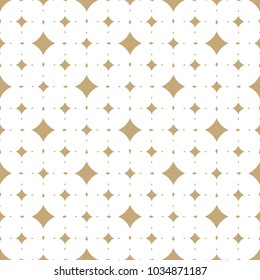 Subtle golden vector seamless pattern with diamond shapes, stars, rhombuses. Simple geometric background. Abstract white and gold texture, repeat tiles. Elegant vintage ornament. Retro luxury design