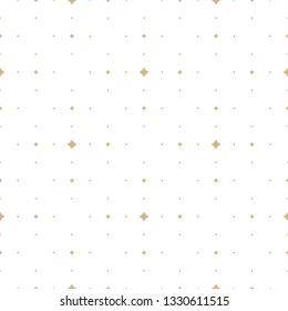 Subtle Golden Vector Seamless Pattern With Small Diamond Shapes, Stars, Rhombuses, Dots. Simple Geometric Background. Abstract Minimal White And Gold Texture. Luxury Repeat Design For Decor, Covers