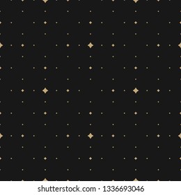 Subtle golden vector seamless pattern with tiny diamond shapes, small stars, rhombuses, dots. Simple geometric background. Abstract minimal black and gold texture. Luxury repeated decorative design