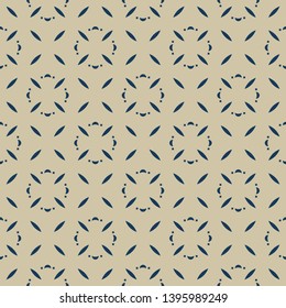 Subtle golden vector seamless pattern with small flower silhouettes, geometric leaves. Simple minimal luxury background. Abstract gold and dark blue texture. Elegant ornament. Repeatable design