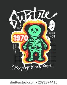 subtle graffitti slogan with skeleton cartoon vector illustration on black background