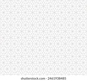 Subtle gray and white vector geometric seamless pattern with floral silhouettes, curved lines, hexagons, triangles, circles, lattice, grid. Abstract minimalist linear background. Repeated geo ornament