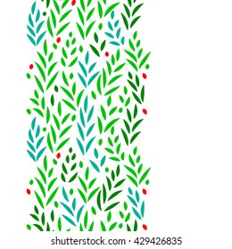 Subtle green leaves floral vertical seamless border on white, vector