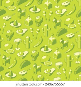 Subtle green on green Cinco de Mayo seamless pattern of isometric icons