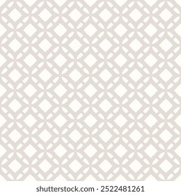 Subtle grid ornament. Vector abstract beige and white geometric seamless pattern with lattice, mesh, net, diamond shapes, flower silhouettes. Simple minimal background texture. Elegant repeated design