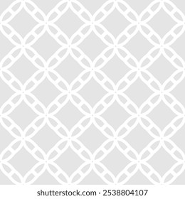 Subtle grid ornament. Vector abstract gray and white geometric seamless pattern with lattice, diamond shapes, flower silhouettes, net. Simple elegant background texture. Repeated minimalist design