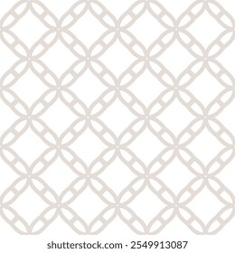 Subtle grid ornament. Vector abstract beige and white geometric seamless pattern with linear lattice, diamond shapes, flower silhouettes, net. Simple elegant background texture. Repeating geo design
